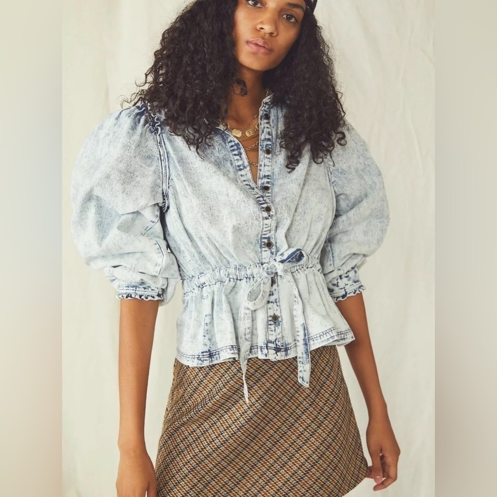Free People Light Wash Puff Sleeve Denim Blouse